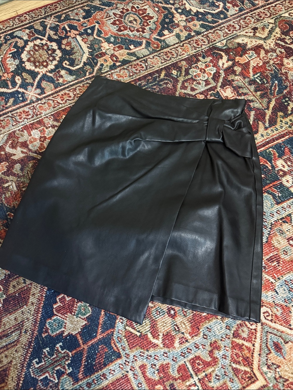 Club Monaco Black Faux Leather Mini Skirt with Wrap Detail